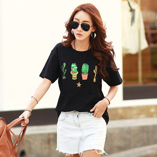 Woherb Causal Cactus Sequined T-shirt  Summer Women Harajuku O-neck Short Sleeves Tops Tee Large Size Punk Shirts 33112 GS