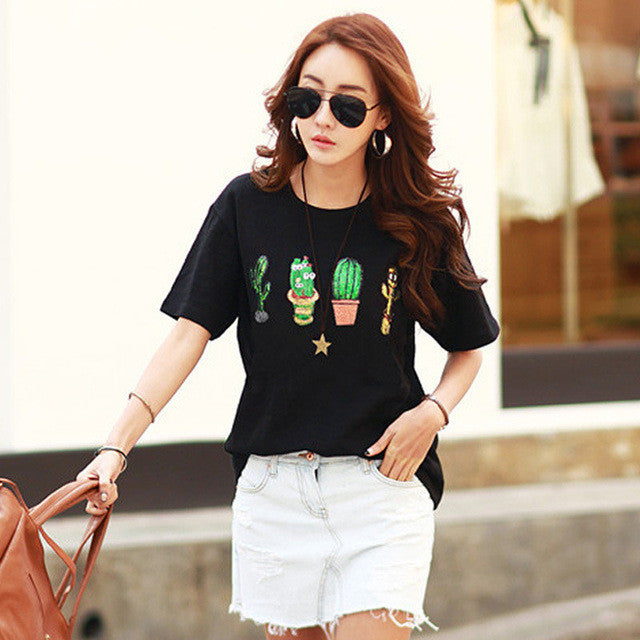 Woherb Causal Cactus Sequined T-shirt  Summer Women Harajuku O-neck Short Sleeves Tops Tee Large Size Punk Shirts 33112 GS