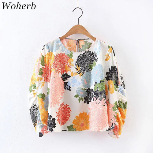 Woherb Chrysanthemum Print Chiffon Blouses New  Fashion Summer Elegant Blouse Ladies Blusas Plus Size Women Tops 72769 GS