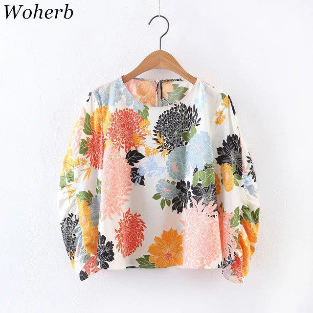 Woherb Chrysanthemum Print Chiffon Blouses New  Fashion Summer Elegant Blouse Ladies Blusas Plus Size Women Tops 72769 GS