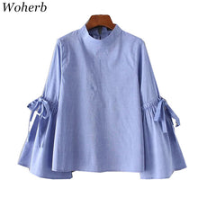 Woherb European Style Button Blouses New  Fashion Bow Tie Blue Elegant Blouse Brief Ladies Blusas Women Tops Plus Size 72763 GS