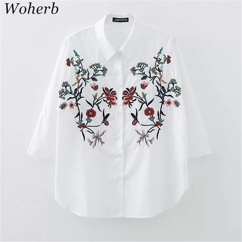 Woherb European Style Floral Embroidery Blouses New  Fashion White Elegant Blouse Ladies Blusas Women Tops Plus Size 72761 GS
