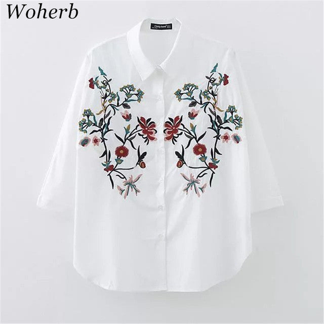Woherb European Style Floral Embroidery Blouses New  Fashion White Elegant Blouse Ladies Blusas Women Tops Plus Size 72761 GS