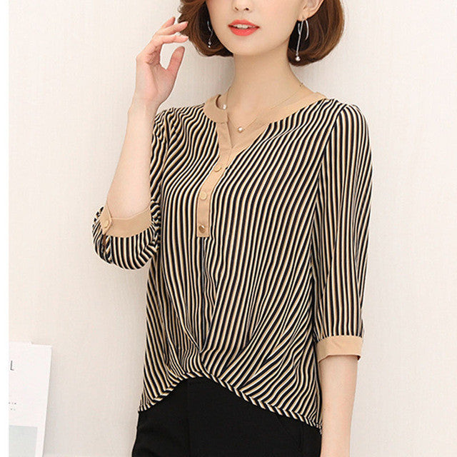Woherb Fashion Batwing Sleeves Stripe Blouse  V-neck Patchwork Shirt Button Design Office Lady Plus Size Chiffon Tops 33104 GS