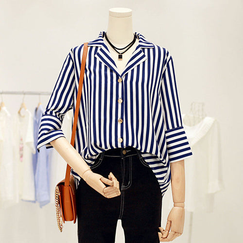 Woherb Female Loose Blouses  Summer Sexy V-collar Tops Flare Sleeves Stripe Shirt Woman Work Wear Tops Clothing 33103 GS