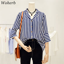 Woherb Female Loose Blouses  Summer Sexy V-collar Tops Flare Sleeves Stripe Shirt Woman Work Wear Tops Clothing 33103 GS