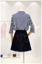 Woherb Female Loose Blouses  Summer Sexy V-collar Tops Flare Sleeves Stripe Shirt Woman Work Wear Tops Clothing 33103 GS