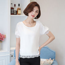 Woherb Female Tops Shirt  Summer Short Sleeves O-neck Blouses Lace Diamond Design Shirts Loose Plus Size Chiffon Shirt 33100 GS