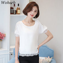 Woherb Female Tops Shirt  Summer Short Sleeves O-neck Blouses Lace Diamond Design Shirts Loose Plus Size Chiffon Shirt 33100 GS