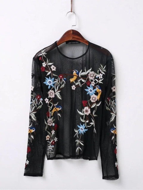 Woherb Floral Embroidery Blouses New  Fashion Translucent Tulle Blouse Ladies Blusas Women Tops Plus Size 72764 GS