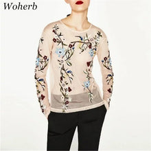 Woherb Floral Embroidery Blouses New  Fashion Translucent Tulle Blouse Ladies Blusas Women Tops Plus Size 72764 GS