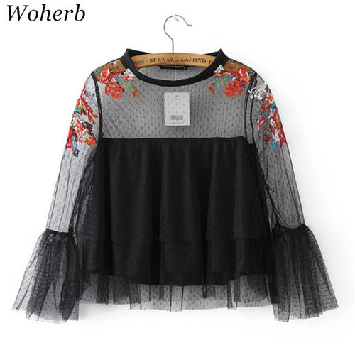 Woherb Floral Embroidery Chiffon Blouses New  Fashion Patchwork Lace Tulle Blouse Ladies Blusas Women Tops Plus Size 72762 GS