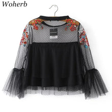 Woherb Floral Embroidery Chiffon Blouses New  Fashion Patchwork Lace Tulle Blouse Ladies Blusas Women Tops Plus Size 72762 GS