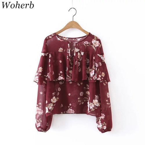 Woherb Floral Print Chiffon Blouses New  Fashion Summer Spring Ruffles Blouse Casual Ladies Blusas Women Tops Plus Size 2770 GS