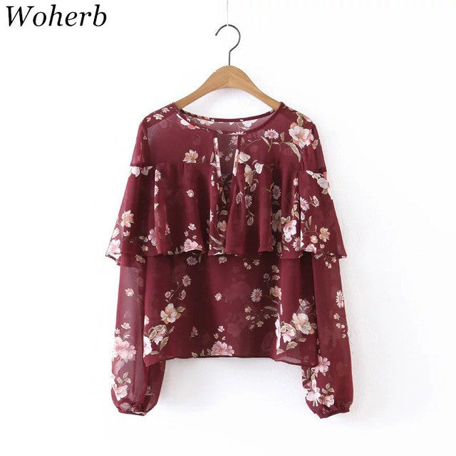 Woherb Floral Print Chiffon Blouses New  Fashion Summer Spring Ruffles Blouse Casual Ladies Blusas Women Tops Plus Size 2770 GS