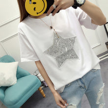 Woherb Harajuku Female Tops Tee Fashion Five-pointed Star Sequined T-shirt Short Sleeves White Cotton Tees Causal T-shirts 33106 GS
