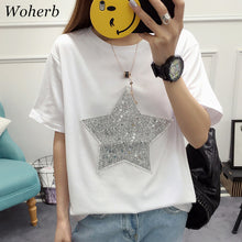 Woherb Harajuku Female Tops Tee Fashion Five-pointed Star Sequined T-shirt Short Sleeves White Cotton Tees Causal T-shirts 33106 GS