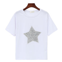 Woherb Harajuku Female Tops Tee Fashion Five-pointed Star Sequined T-shirt Short Sleeves White Cotton Tees Causal T-shirts 33106 GS