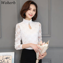 Woherb Lace Hollow Shirt  Female Blouses Long Sleeve Stand Collar Shirts Sexy Woman Large Size Vestidos 33101 GS