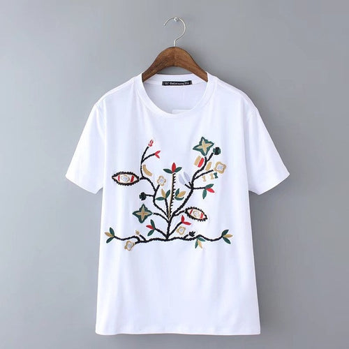 Woherb New  Fashion Dendritic Embroidery T Shirts O-Neck Short Sleeves t-shirt Female t shirt Women Tops Tee Plus Size 72765 GS