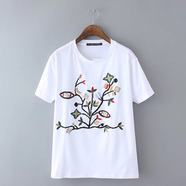 Woherb New  Fashion Dendritic Embroidery T Shirts O-Neck Short Sleeves t-shirt Female t shirt Women Tops Tee Plus Size 72765 GS