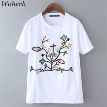 Woherb New  Fashion Dendritic Embroidery T Shirts O-Neck Short Sleeves t-shirt Female t shirt Women Tops Tee Plus Size 72765 GS