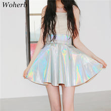 Woherb New  Fashion Japanese Harajuku Cool A-Line Skirt Silver Shiny Pleated Mini PU Skirts Woman Sexy High Waist Skirt 2734 GS
