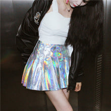 Woherb New  Fashion Japanese Harajuku Cool A-Line Skirt Silver Shiny Pleated Mini PU Skirts Woman Sexy High Waist Skirt 2734 GS