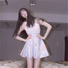 Woherb New  Fashion Japanese Harajuku Cool A-Line Skirt Silver Shiny Pleated Mini PU Skirts Woman Sexy High Waist Skirt 2734 GS