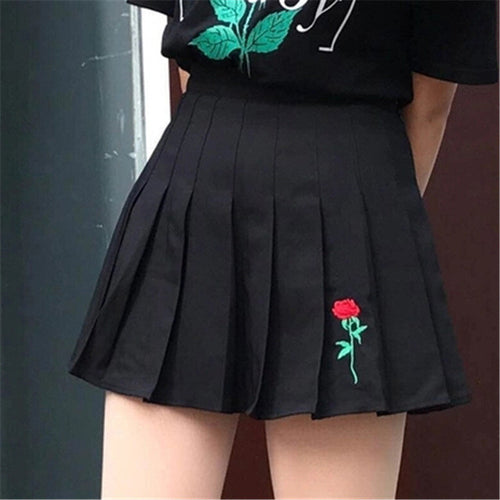 Woherb New  Fashion Japanese Harajuku Cute A-Line Skirt Rose Embroidery Mini Pleated Skirts Sexy Woman High Waist Skirt 2747 GS