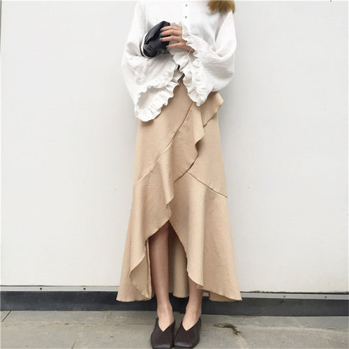 Woherb New  Fashion Korean Apricot Color Asymmetrical Ankle-Length Ruffles Skirts Woman Slim Sexy High Waist Skirt 72735 GS