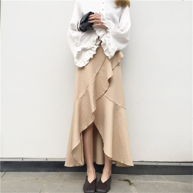 Woherb New  Fashion Korean Apricot Color Asymmetrical Ankle-Length Ruffles Skirts Woman Slim Sexy High Waist Skirt 72735 GS