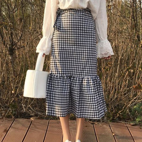 Woherb New  Fashion Korean Black White Plaid Mermaid Ruffles Skirts Woman Slim Casual High Waist Skirt 72741 GS