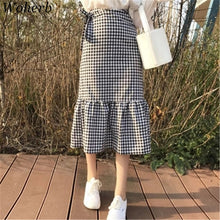 Woherb New  Fashion Korean Black White Plaid Mermaid Ruffles Skirts Woman Slim Casual High Waist Skirt 72741 GS
