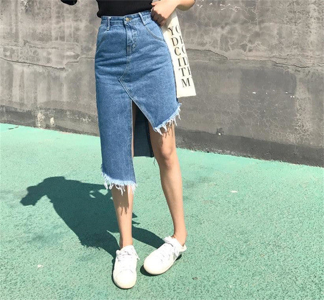 Woherb New  Fashion Korean Sexy Tassel Irregular Denim Skirts Woman Slim Casual High Waist Button Skirt 72743 GS