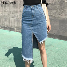 Woherb New  Fashion Korean Sexy Tassel Irregular Denim Skirts Woman Slim Casual High Waist Button Skirt 72743 GS