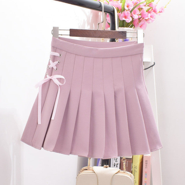 Woherb New  Fashion Pleated Skirt Short Mini Skirts Woman Sexy High Waist Pure Color Bow Tie Skirt Pants Student Style 72737 GS