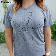 Woherb New  Fashion Rock Gestures Print T Shirts Casual Short Sleeve T-shirts Female t shirt Women Tops Tee Plus Size 72752 GS