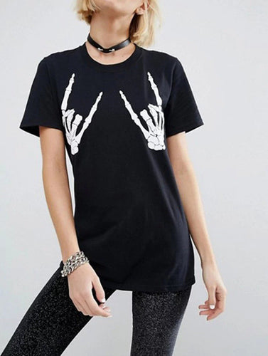 Woherb New  Fashion Rock Skeleto Finger Print T Shirts Summer Short Sleeve T-shirts Female t shirt Women Tops Plus Size 753 GS