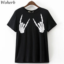 Woherb New  Fashion Rock Skeleto Finger Print T Shirts Summer Short Sleeve T-shirts Female t shirt Women Tops Plus Size 753 GS