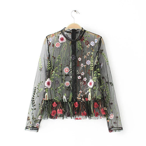 Woherb New  Fashion Translucent Tulle Blouse Sexy Colorful Floral Embroidery Blouses Ladies Blusas Women Tops Plus Size 2766 GS