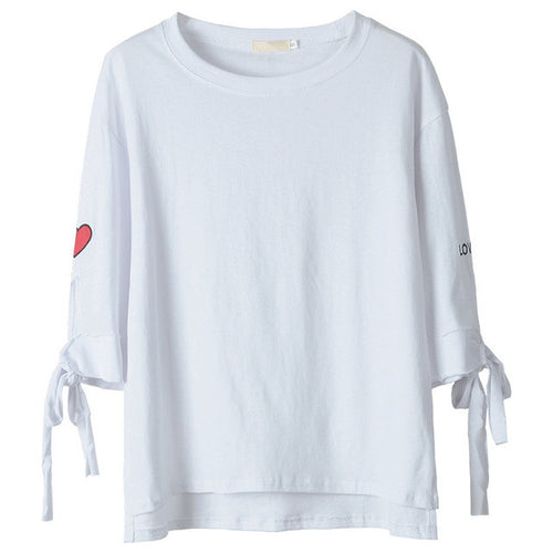 Woherb New Woman T-shirt  Love Me Red Heart Embroidery Top Tee Short Sleeve Bowknot Design Shirt Kawaii Tee Top Clothe 33082 GS