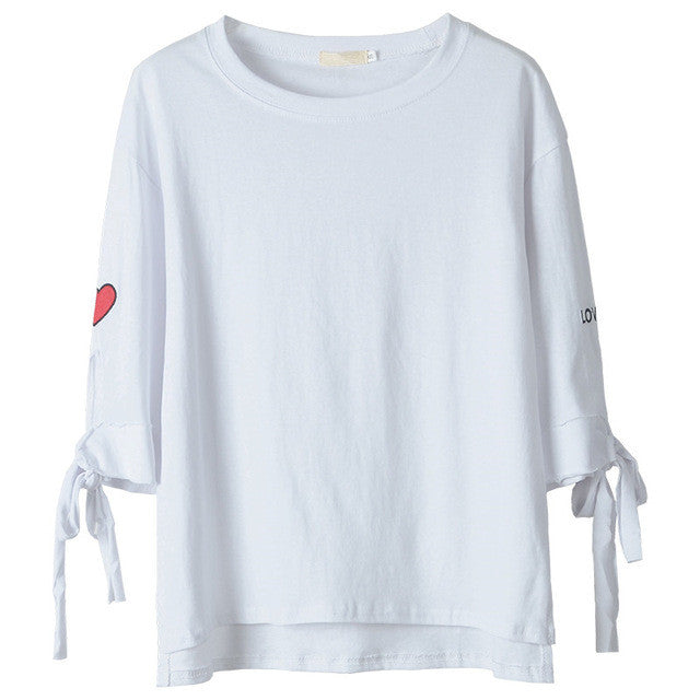 Woherb New Woman T-shirt  Love Me Red Heart Embroidery Top Tee Short Sleeve Bowknot Design Shirt Kawaii Tee Top Clothe 33082 GS
