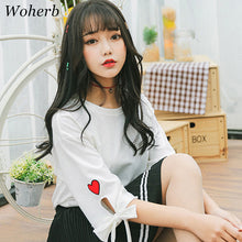 Woherb New Woman T-shirt  Love Me Red Heart Embroidery Top Tee Short Sleeve Bowknot Design Shirt Kawaii Tee Top Clothe 33082 GS