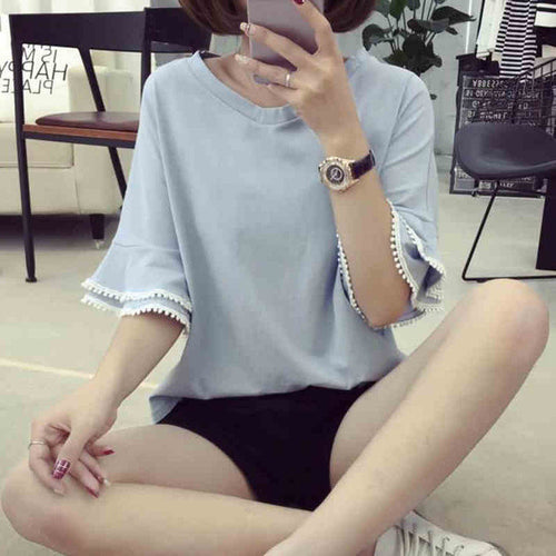 Woherb Solid T-shirt  Woman Summer Tassel Patchwork Tops Tee Flare Sleeve Shirt Casual Female V-neck Tops Clothing 33083 GS