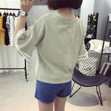 Woherb Solid T-shirt  Woman Summer Tassel Patchwork Tops Tee Flare Sleeve Shirt Casual Female V-neck Tops Clothing 33083 GS