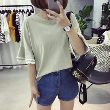 Woherb Solid T-shirt  Woman Summer Tassel Patchwork Tops Tee Flare Sleeve Shirt Casual Female V-neck Tops Clothing 33083 GS