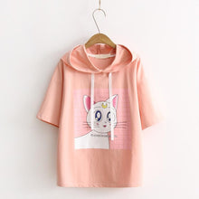 Woherb Woman Summer Hoodie Shirts  Short Sleeves Cotton Hoodies Kitten Printing T-shirt Casual Female Clothing Tops T33084 GS