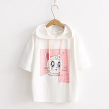 Woherb Woman Summer Hoodie Shirts  Short Sleeves Cotton Hoodies Kitten Printing T-shirt Casual Female Clothing Tops T33084 GS