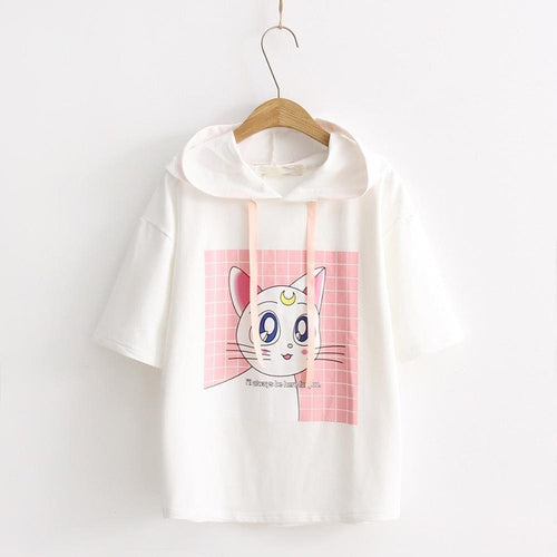 Woherb Woman Summer Hoodie Shirts  Short Sleeves Cotton Hoodies Kitten Printing T-shirt Casual Female Clothing Tops T33084 GS